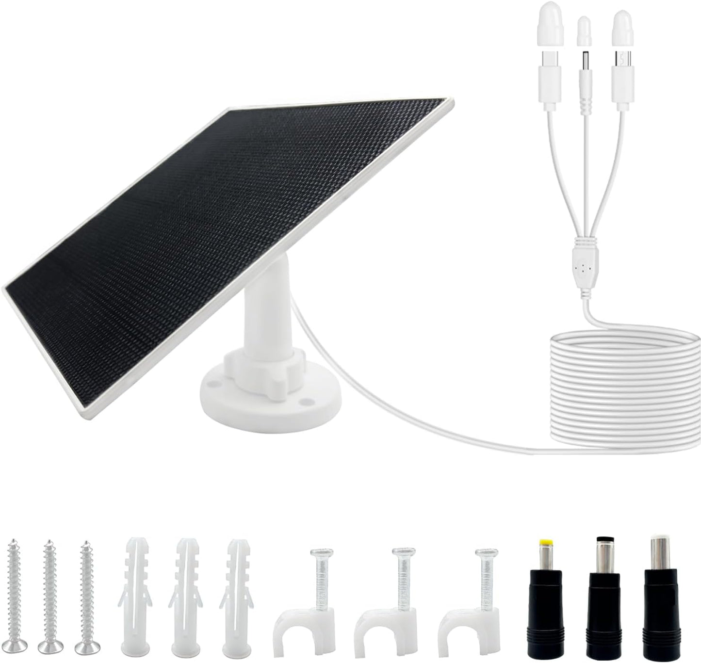 5W Solar Panel Designed specifically for Outdoor Security Cameras IP65 Waterproof Rating Equipped with a 9.8-Foot Cable (Supports USB-C/Micro USB/DC 3.5 x 1.35 mm connectors)