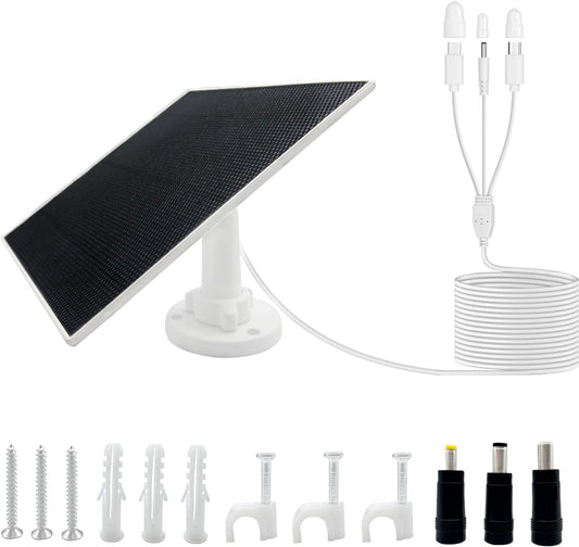 5W Solar Panel Designed specifically for Outdoor Security Cameras IP65 Waterproof Rating Equipped with a 9.8-Foot Cable (Supports USB-C/Micro USB/DC 3.5 x 1.35 mm connectors)