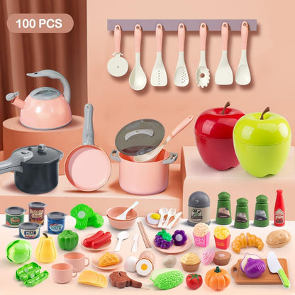 130Pcs Kitchen Playset, Toddler Pretend Cooking Play Pots, Pans, Utensils Cookware, Daily Food Fruit Veges, Shopping Storage Basket, Dessert, Prop Money, Learning Gift for Child (Pink)