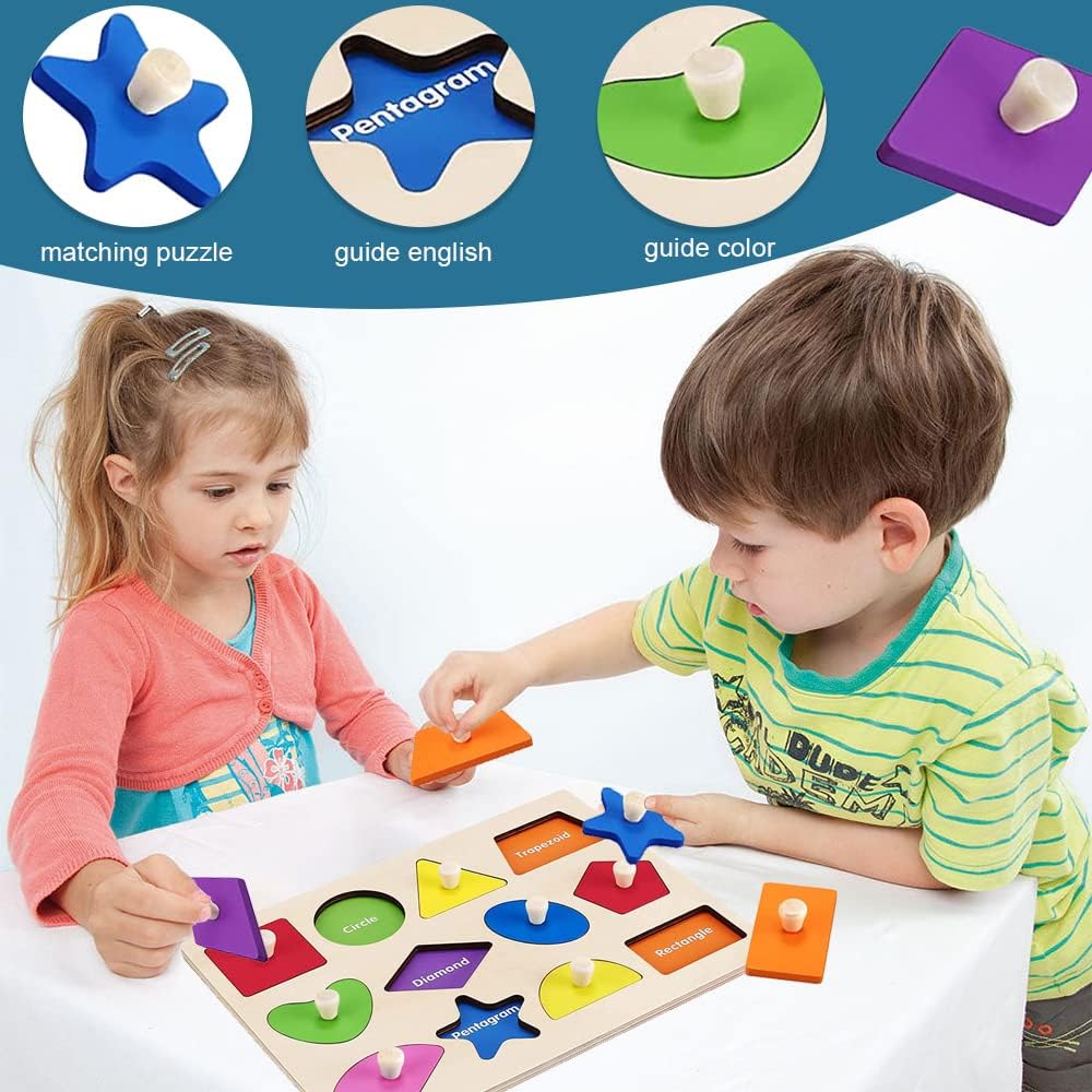 Montessori Toy Wooden Shape Peg Puzzles Montessori Baby Puzzle Geometric Shape Puzzle with Board Knob Preschool Wooden Puzzles for Toddlers 1-3 Year Old