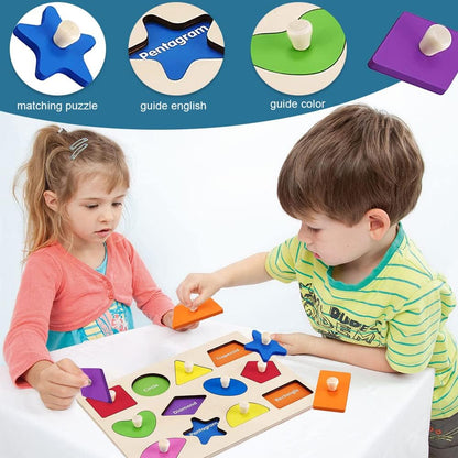 Montessori Toy Wooden Shape Peg Puzzles Montessori Baby Puzzle Geometric Shape Puzzle with Board Knob Preschool Wooden Puzzles for Toddlers 1-3 Year Old