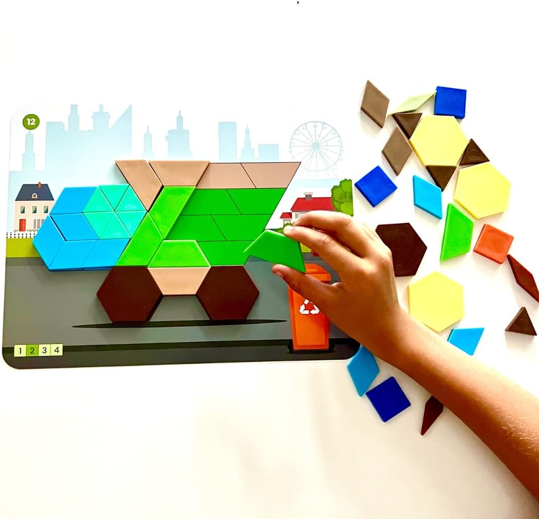 hand2mind Recycling and Conservation Pattern Block Puzzle Set, Tangram Puzzle, Geometric Shapes for Kids, Pattern Blocks Cards, Pattern Play, Toddler Battern Blocks, Kindergarten Learning Activities
