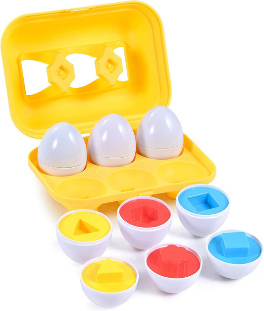 Hhyn Color Shape Matching Eggs for Toddlers, Preschool Learning Educational Sorting Easter Eggs Toys Gift Recognition Skills for Kids Boys Girls with Pink Eggs Holder, 12 Eggs