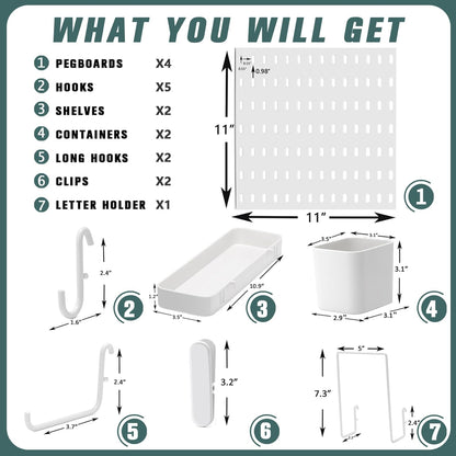 MULSAME Pegboard Combination Kit, Wall Mounted Storage Set with 4 Pegboards & 14 Accessories Hanging, White Peg Boards Organizer for Walls Display, Crafts Organization, Kitchen Organizer, 22" x 22"