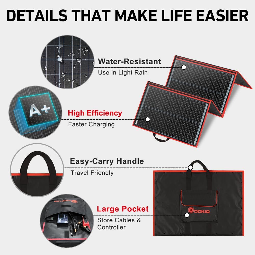 DOKIO 100W Portable Foldable Solar Panel Kit, Compact 18.9x26in Design 5.3lb with Standalone Controller and USB, Monocrystalline Charger for 12V Batteries, Power Stations, RV Camping Emergency Use