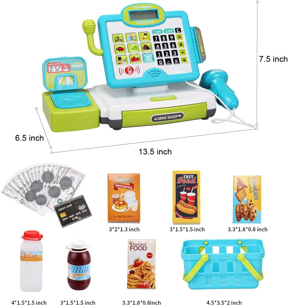 FS Pretend Play Cash Register Toy with True Barcode Scanner & Calculator, Microphone, Play Food, Supermarket Cashier, Great Pre-School Gift Cash Register for Kids Boys & Girls, Ages 3 4 5 6 8