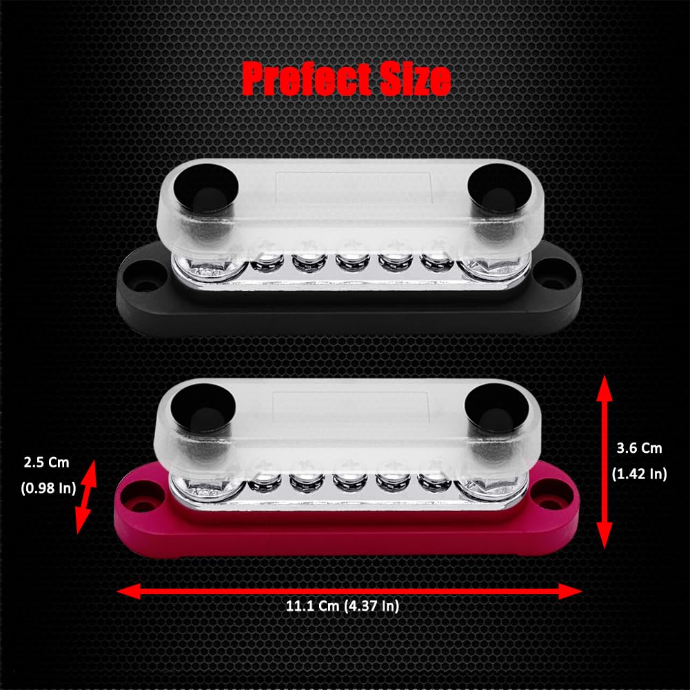 2 x #10 (M5) Studs Power Distribution Block with 5 x #8 (M4) Screws, Ampper 4.2" Bus Bar 12V Power Distribution Terminal Block Battery Busbar for Car Audio Solar (Red & Black)