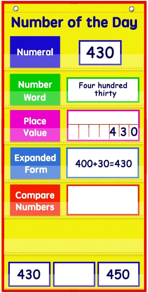 Auchq Math Number of The Day Pocket Chart， Small Math Classroom Pocket Chart with 33 Dry Erase Cards for Home School -Perfect for Compact Spaces (Yellow)…