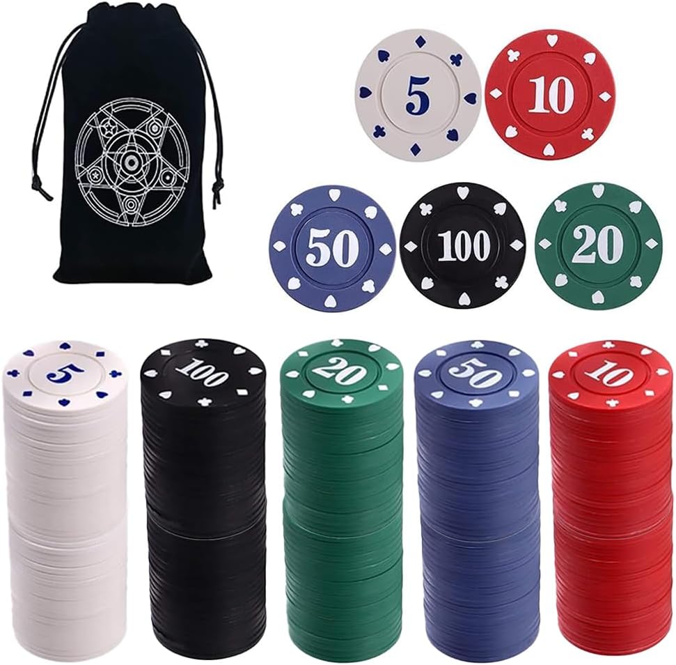 IXIGER 300Pcs Poker Chips, Plastic Casino Chips Set with Black Velvet Pouch Bag, Bulk Clay Fichas de Poker for Blackjack, Math Counting Chips, Texas Hold'em, Night Poker Games