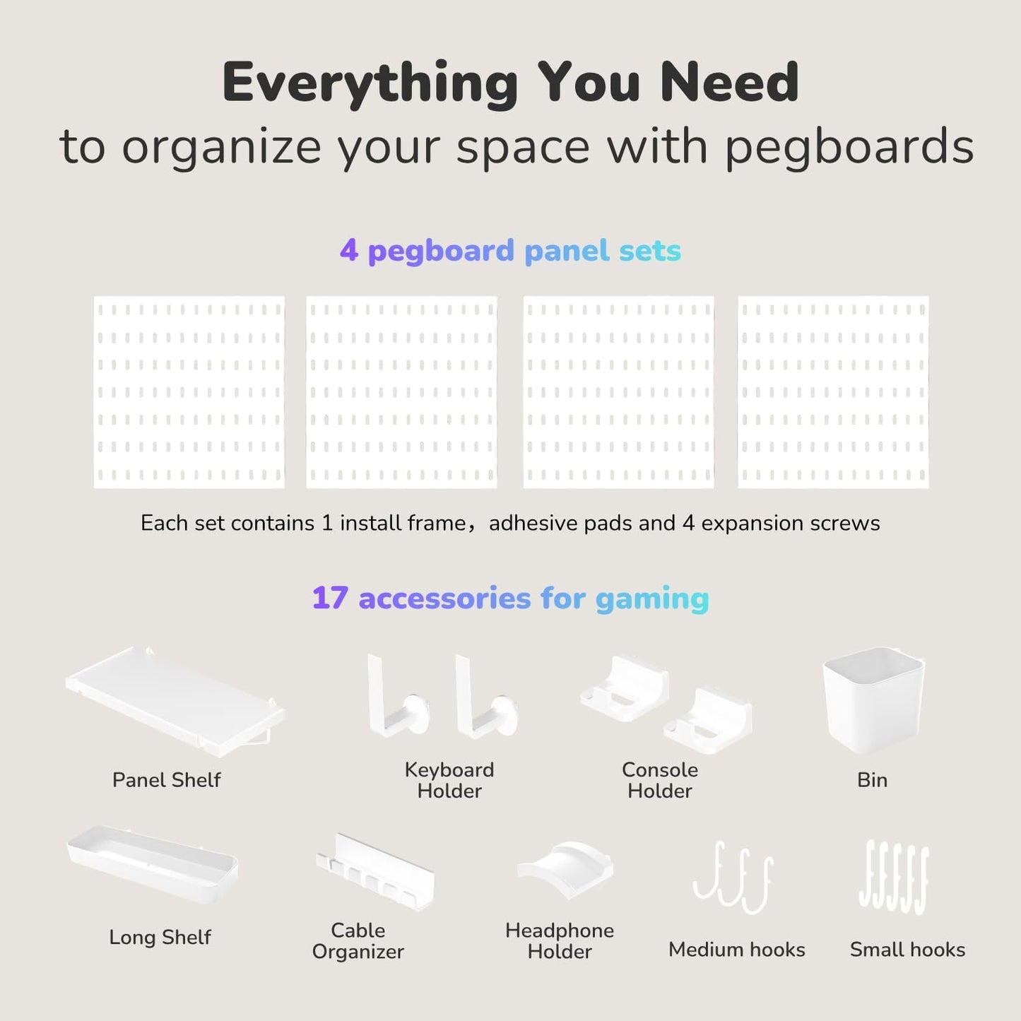 Keepo Peg Board Wall Organizer for Gaming Setup, Pegboard with Adhesives & Screw Mounts, Includes Peg Board Accessories for Gaming Accessories, Tech Storage & Office Organization (Black, 33″×22″)