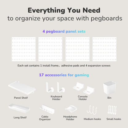 Keepo Peg Board Wall Organizer for Gaming Setup, Pegboard with Adhesives & Screw Mounts, Includes Peg Board Accessories for Gaming Accessories, Tech Storage & Office Organization (Black, 33″×22″)