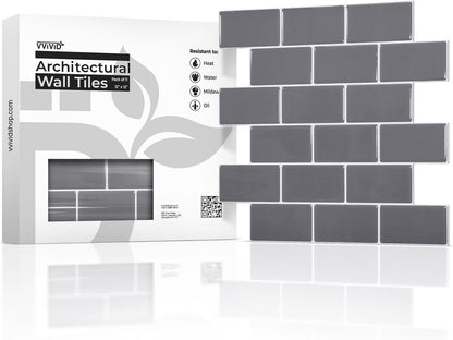 VViViD 11 Sheets Peel and Stick Grey Gloss Faux Ceramic Brick Wall Tiles, Self Adhesive Backsplash 12”x12”, 2mm Thick Kitchen, Bathroom (11 sq. ft.)