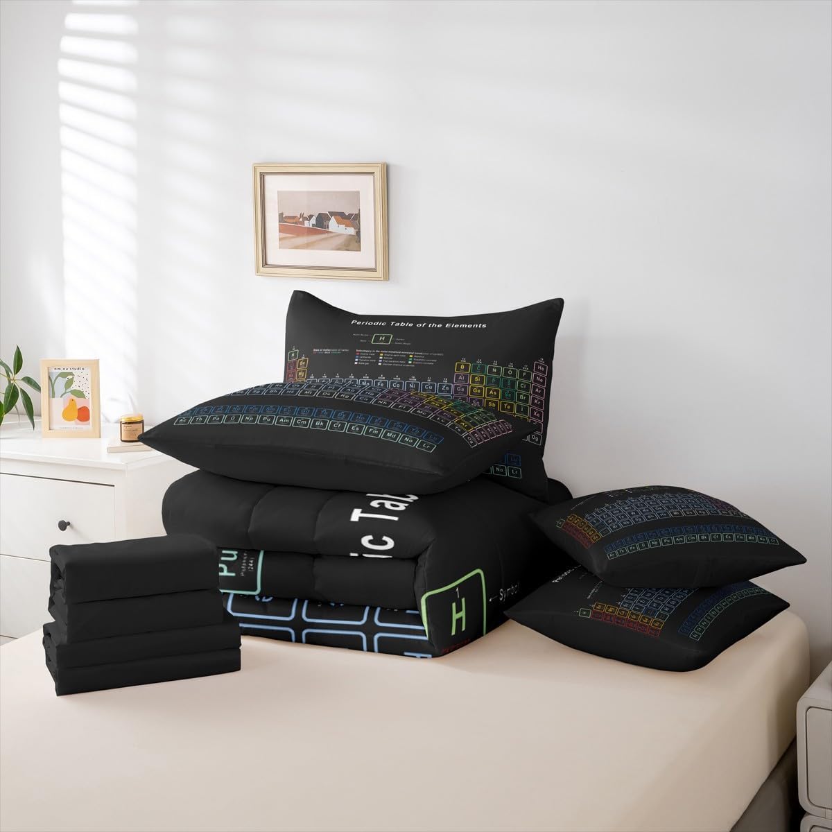 Erosebridal Chemistry Comforter Set with Sheets Full Size Periodic Table of Elements Bed in A Bag 7 Piece Science Chemistry Lovers Bedding Set for Kids Boys Children Bedroom Modern Black Bed Sets