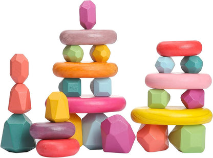 OESSUF Stacking Rocks 48Pcs Stacking Blocks Balancing Stacking Stones Wooden Building Toys Wood Stone Stacking Game for Toddler Sorting Preschool Educational Montessori Stacking Rocks for Kids