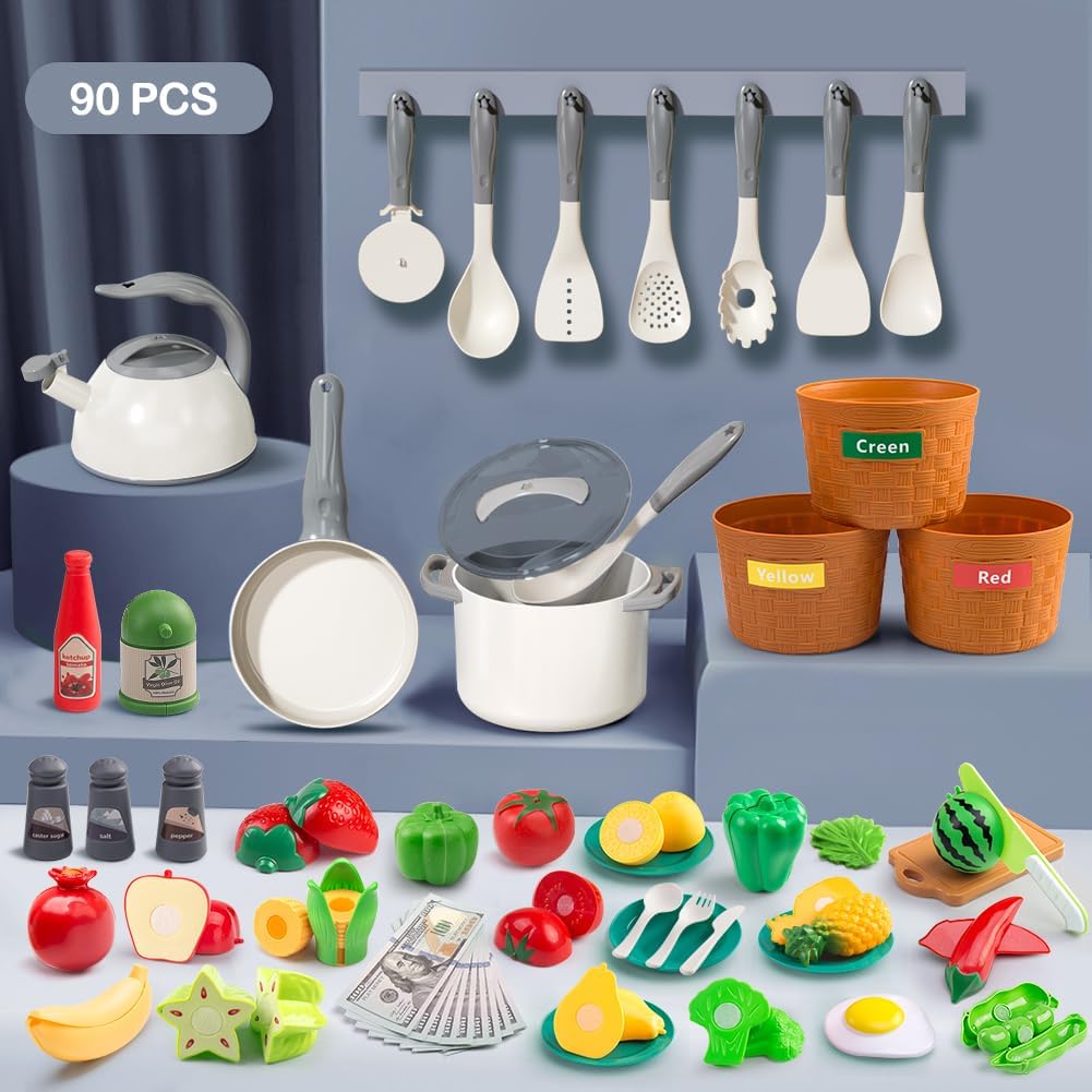 150Pcs Kitchen Playset, Toddlers Pretend Cooking Cookware Accessories, Food, Picnic Blanket, Fruits, Veges, 2Pack Shopping Storage Basket, Dessert and Prop Money, Gift for Kids (Pink)
