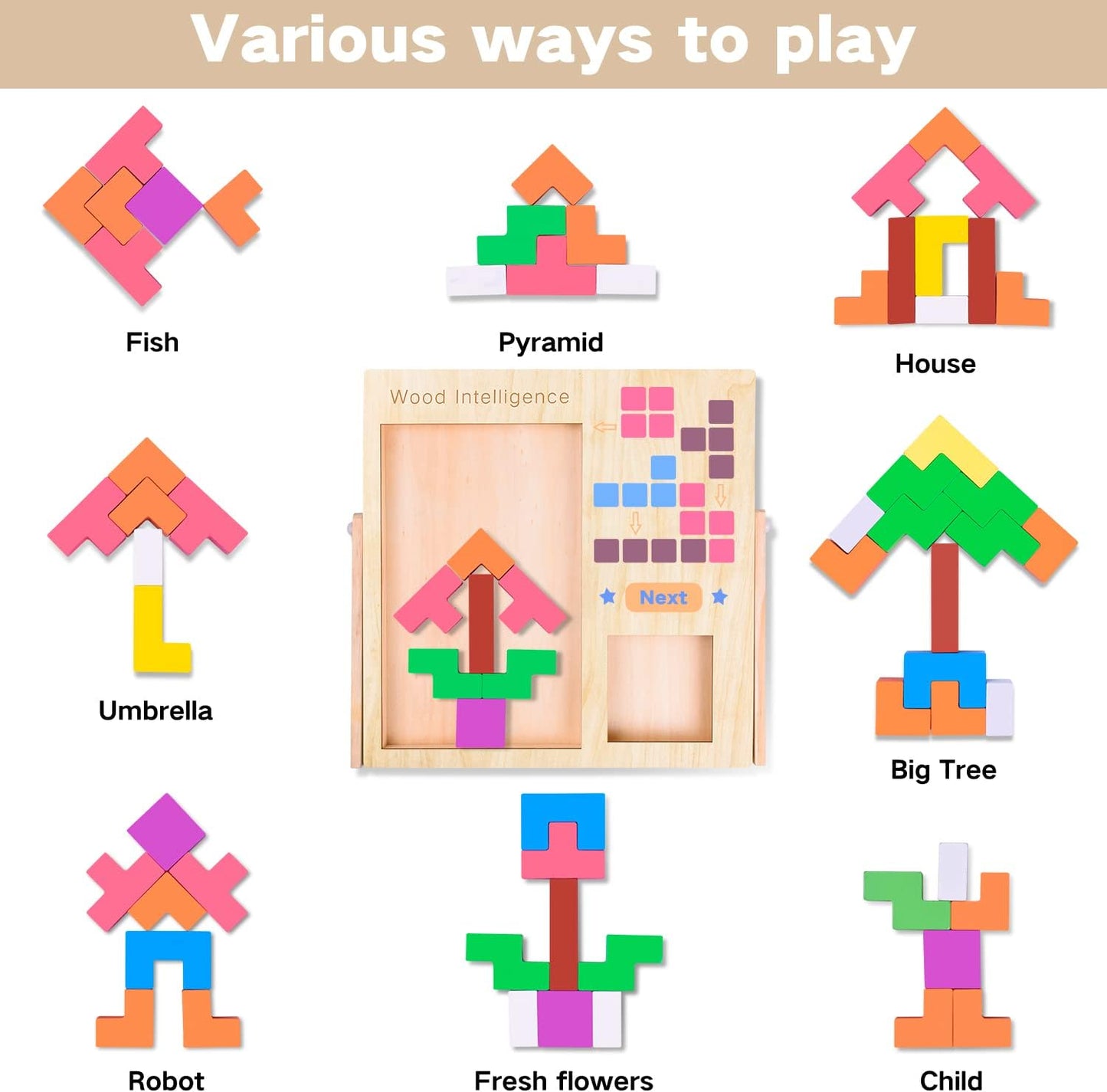FFTROC Wooden Puzzles for Kids Ages 4-8 8-10 Thick Colorful 3D Russian Blocks and Brain Teaser Tangram Jigsaw STEM Intelligence Toys Educational Gift for Toddlers 3 4 5 6 7 Years Old Boys Girls