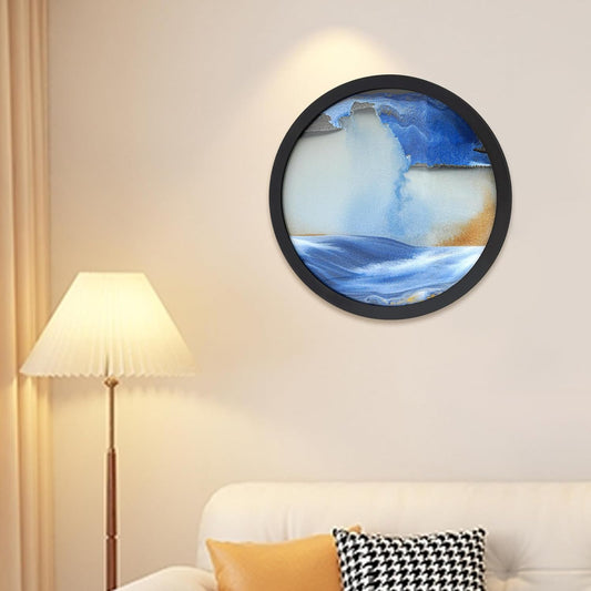 WTIOPJ Moving Sand Art Liquid Motion, 17.3'' Wall Mounted Drift Sandscape Moving Sand Picture Kinetic Art, 3D Color Quicksand Decor for Home Office, Round Glass Crafts Solid Wood Frame (Blue)