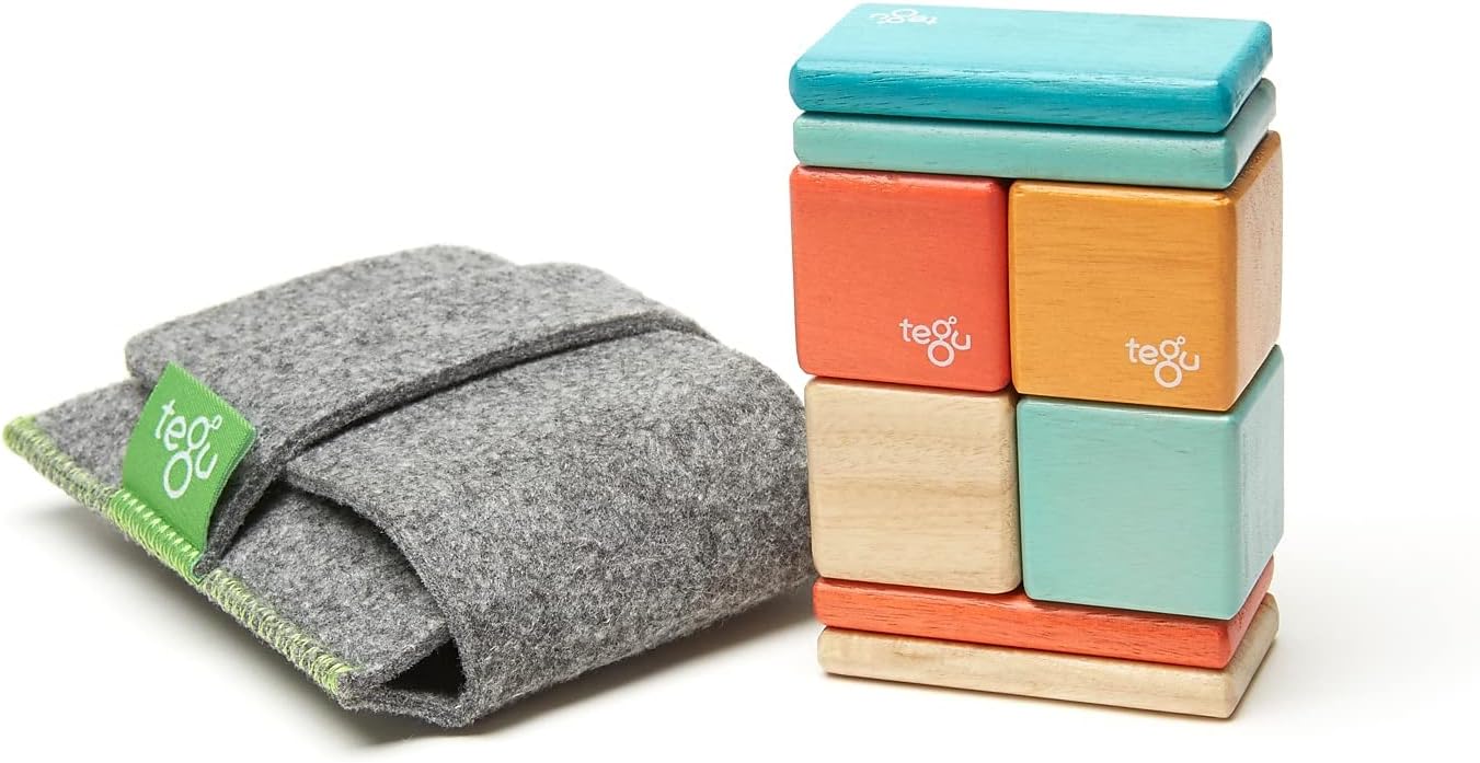 8 Piece Tegu Pocket Pouch Magnetic Wooden Block Set, Tints