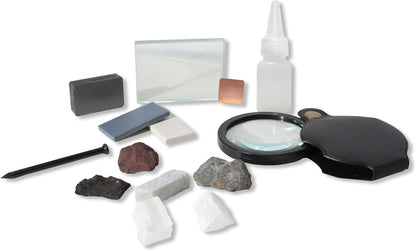 Mineral ID Kit - 13 Pieces - Includes Dropper Bottle, Streak Plate, Glass Plate, Magnet, Nail, Copper Sheet, Rock, Retractable Hand Lens, for Mineral Geology Classrooms