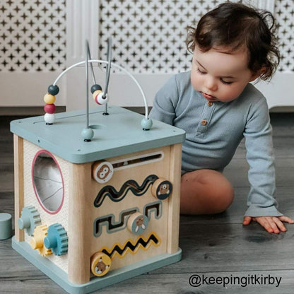 Bigjigs Toys Wooden Activity Cube - 100% FSC® Certified Busy Centre with Shape Sorter & Bead Maze, Sustainable Sensory Toys for 1 Year Old, 22cm W x 23cm H
