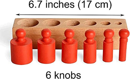 BOHS Montessori Knobbed Cylinders Blocks - 6 Pegs / 6.7 Inches - Colorful Wooden Early Home School Toys - 4pcs Set