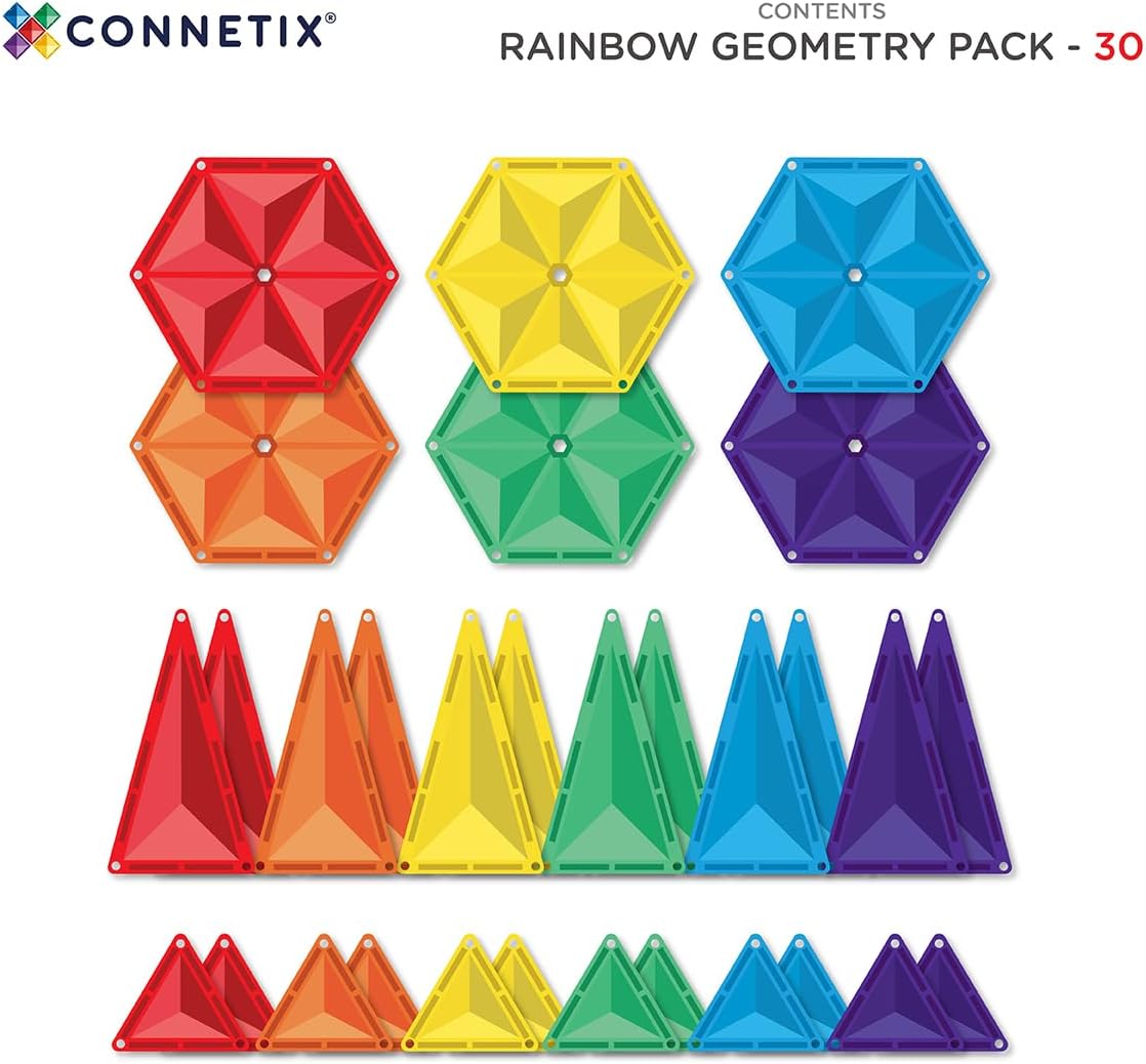 CONNETIX Magnetic Tiles Rainbow Geometry Pack, 30 Pieces