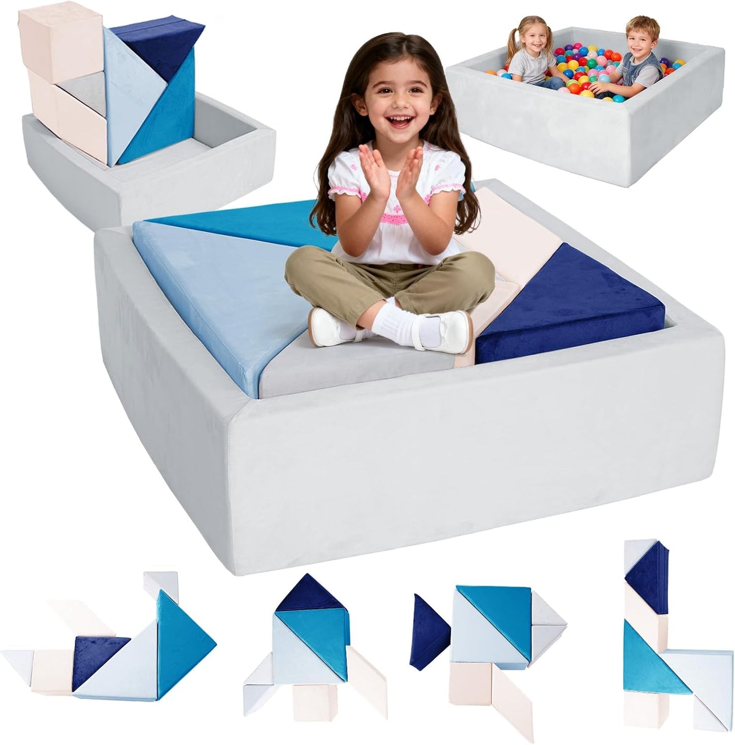 Tangram Puzzles modular kids play couch building fort, Children explorer sofa with Ball Pit, Kids playroom convertible furniture for Inspiring Child Creativity, Made entirely of sponge (Blue Series)