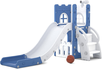 LulliSpace 6 in 1 Toddler Slide,Kids Climber Slider for Indoor Outdoor Playground with Basketball Hoop,Storage and Telescope,L Shaped Slide for Toddler Climber Playset