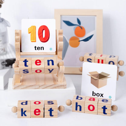 Wooden Reading Blocks, 5 Sets of Short Vowel Rods and 40 Sight Words Flash Cards, Turning Rotating Letter Puzzle for Kids, Montessori Spelling Toy for Preschool Boys Girls Ages 3+