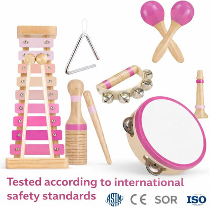 Stoie's Wooden Toddler Musical Instruments with Drum, Hand Bells, Flute, Maracas, Castanet, Tamburine, for Babies and Kids, Eco Friendly Montessori Educational Toy