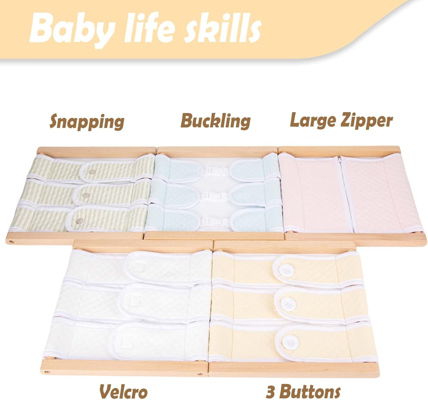 Montessori Wooden Toys for Dressing Learning Board Learning Basic Dressing Skills - Buttons, Snaps, Zippers, Belt Buckles & Hook-and-Loop Fastener Toys for 1 2 3 Year Old Toddlers Sensory Toy Gifts
