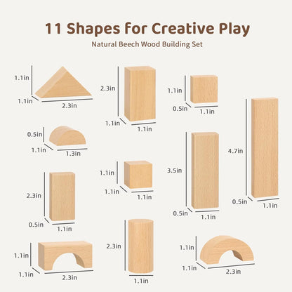 100pcs Natural Beech Wooden Building Blocks for Toddlers 1-3, Wooden Blocks for Baby Shower with Storage Bucket, Montessori Toys for Preschool Girls and Boys