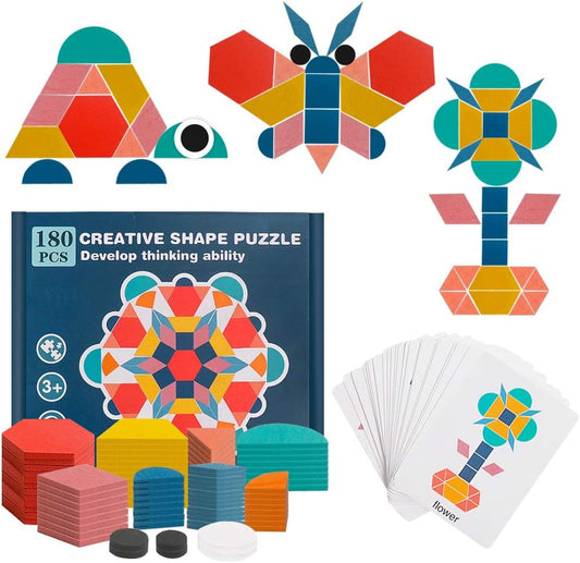 USATDD 180 Pcs Wooden Tangrams Pattern Blocks Set Geometric Manipulative Shape Puzzle Kindergarten Classic Educational Montessori Toys for Kids Toddlers Ages 4-8 with 24 Pcs Flash Cards