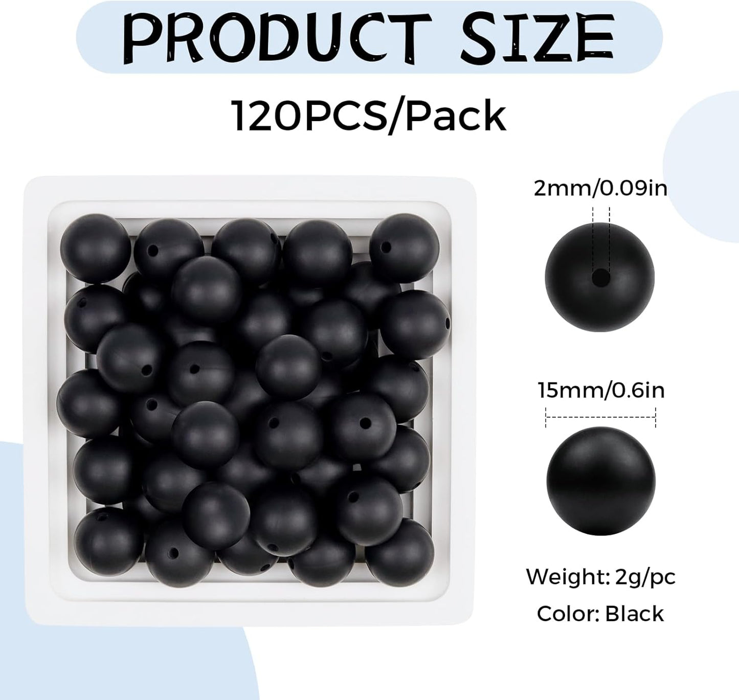 120PCS FIVEIZERO Silicone Beads for Keychain Making, 15mm Glacier Gray Round Silicone Rubber Focal Beads Bulk for DIY Crafts, Bracelets, Necklaces, and Pens