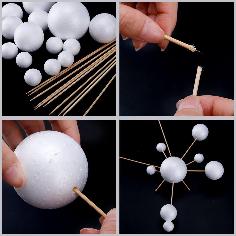Pllieay Make Your Own Solar System Model with 14 Mixed Sized Polystyrene Spheres Balls and 10 Pieces 24 cm Long Bamboo Sticks for School Projects