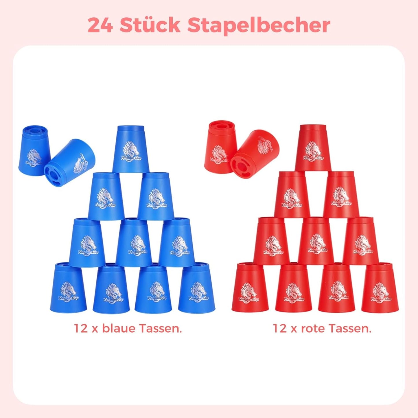 yeesport 48 PCS Sport Stacking Cups with Horse Pattern, Sport Training Game for Challenge Competition, Plastic Stacking Cups, Classic Family Game for Youth and Adults, Red+Blue+Green+Yellow