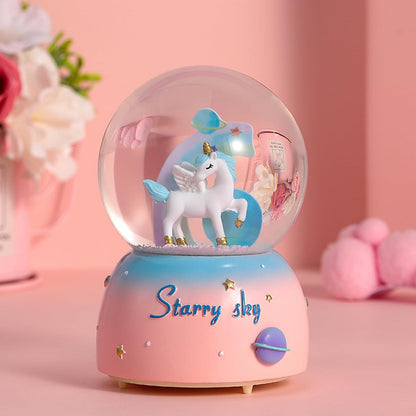 Unicorn Music Snowball, 80MM Snow Globes for Girls Music Box, with LED Rainbow Snow Lights, Birthday, Christmas, Ideal Gift for Girls (Pink&Blue)