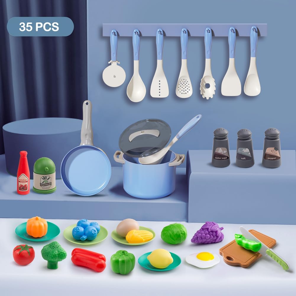 150Pcs Kitchen Playset, Toddlers Pretend Cooking Cookware Accessories, Food, Picnic Blanket, Fruits, Veges, 2Pack Shopping Storage Basket, Dessert and Prop Money, Gift for Kids (Pink)