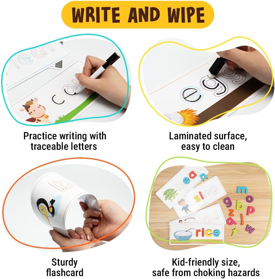 CVC Flashcards, Reusable Write & Match Spelling Game for Kids 3-6, Laminated Alphabet Cards with Wooden Letters & Dry Erase Marker, Montessori Learning Toy