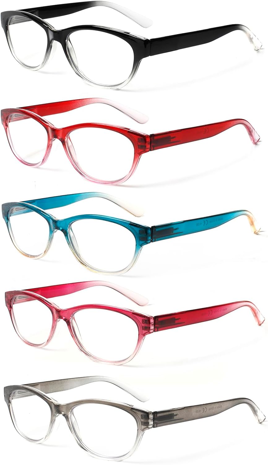 SIGVAN Ladies Cat Eye Reading Glasses 5 Pairs Blue Light Blocking Spring Hinge Fashion Pattern Print Readers for Women