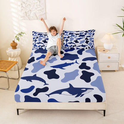 Manfei Musical Kids Fitted Sheet Full Size, MusicalGuitar Radio Drum Kit Headset Print Bedding Set 3pcs for Boys Girls, Rock Music Bed Cover with 2 Pillowcases, Soft Polyester Bedding, No Top Sheet