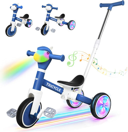 Tricycle for Toddlers 1-3 Year Olds, 5 in 1 Toddler Balance Bike 2-4 Years Old Boys Girls, Push Trike Toys with Adjustable Handle, Birthday Gifts for 2 3 4 5 Year Old Kids Bike (Blue)