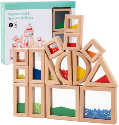 Rainbow Sensory Toys Blocks,15 Pcs Large Wooden Building Blocks for Toddlers Baby Kids,Colorful Geometric Stacking Toys, Preschool Educational Toy Set