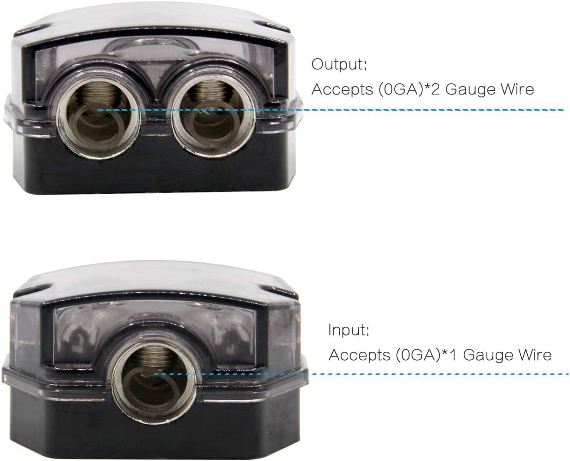 3 Way Power Distribution Block, 0/2/4 AWG Gauge in, 4/8/10 Gauge Out, Car Audio Stereo Amp Distribution Connecting Block for Audio Splitter (1x0GA+3x4GA) 2 Pack