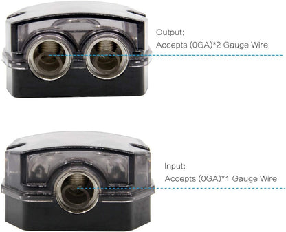 3 Way Power Distribution Block, 0/2/4 AWG Gauge in, 4/8/10 Gauge Out, Car Audio Stereo Amp Distribution Connecting Block for Audio Splitter (1x0GA+3x4GA) 2 Pack