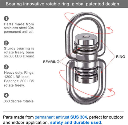 SELEWARE Silent Bearing Swing Swivel, 360° Rotational Device Hanging Accessory with Removeable Buckle for Tree Swing, Hammock Chair, Climbing Rope, Yoga, Kids Swing Swivel 1200LB Capacity, 2 Pack