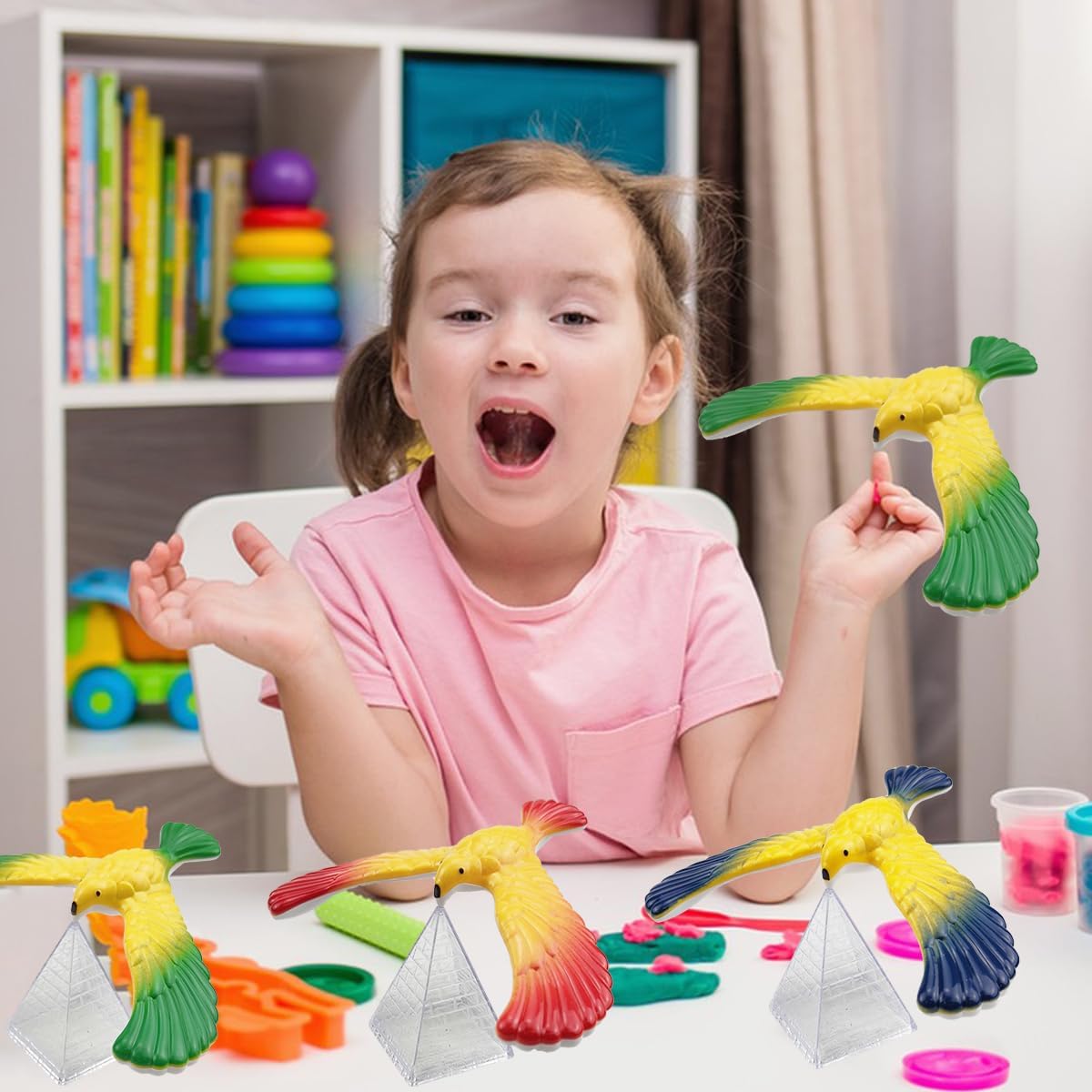 4PCS Balance Bird Gravity Bird with Pyramid Combination Physics Toy Physical Science Adults Office Desktop for Science Lovers Children and Teachers of All Ages