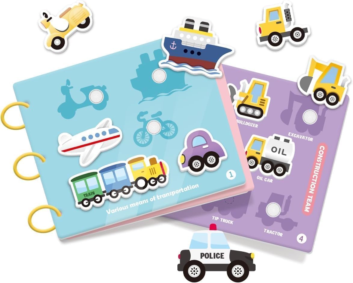 Kids Early Learning Busy Book Activity, Velcro Rip-off Vehicles and Coloring Fill In (Police Car, Fire Truck, Ambulance, Train, Bus, Cars, Boat, Airplane, Construction Trucks, Taxi) With Coloring Pens