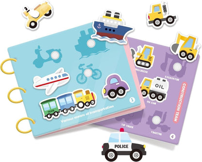 Kids Early Learning Busy Book Activity, Velcro Rip-off Vehicles and Coloring Fill In (Police Car, Fire Truck, Ambulance, Train, Bus, Cars, Boat, Airplane, Construction Trucks, Taxi) With Coloring Pens
