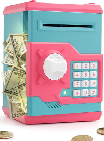 Playsheek Piggy Bank for Girls Boys Large Electronic Money Coin Banks with Password Protection, Automatic Paper Money Scroll Saving Box, Great Gift for Kids(Black-White)
